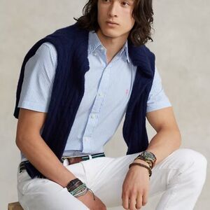 Ralph Lauren Custom Fit Striped Seersucker Shirt short sleeve blue white LARGE